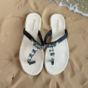 Women's Shoes TOMMY BAHAMA Relaxology Crystals Accent Black Leather Flip Flops